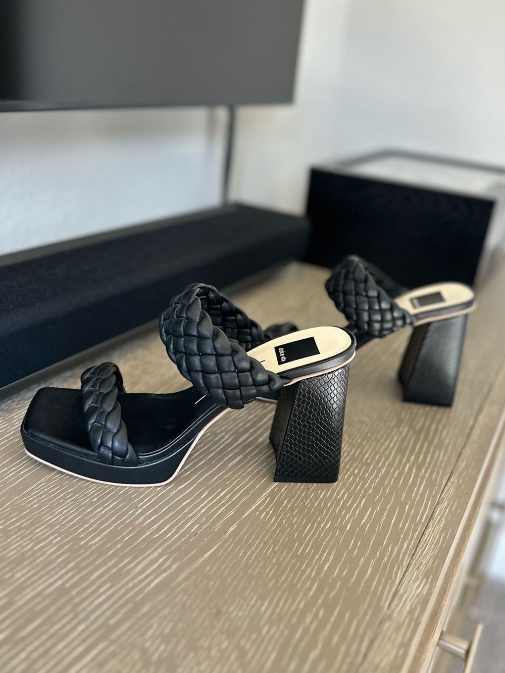 Dolce Vita Black Braided Double-Strap Block Heel Sandals